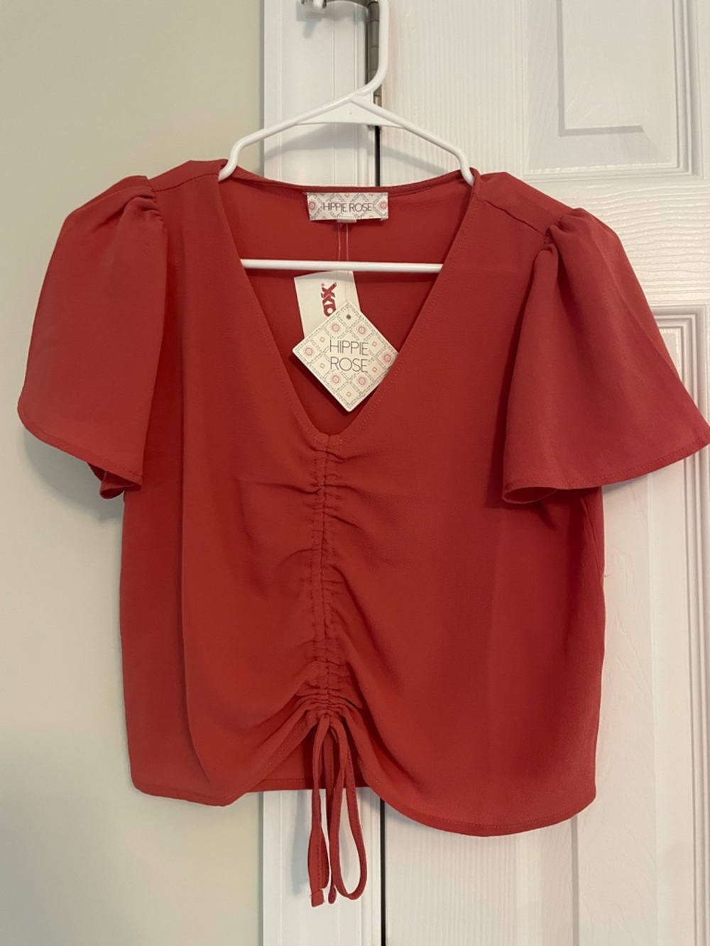 Hippie Rose Rust V-Neck Ruched Tie-Front Flutter Sleeve Top